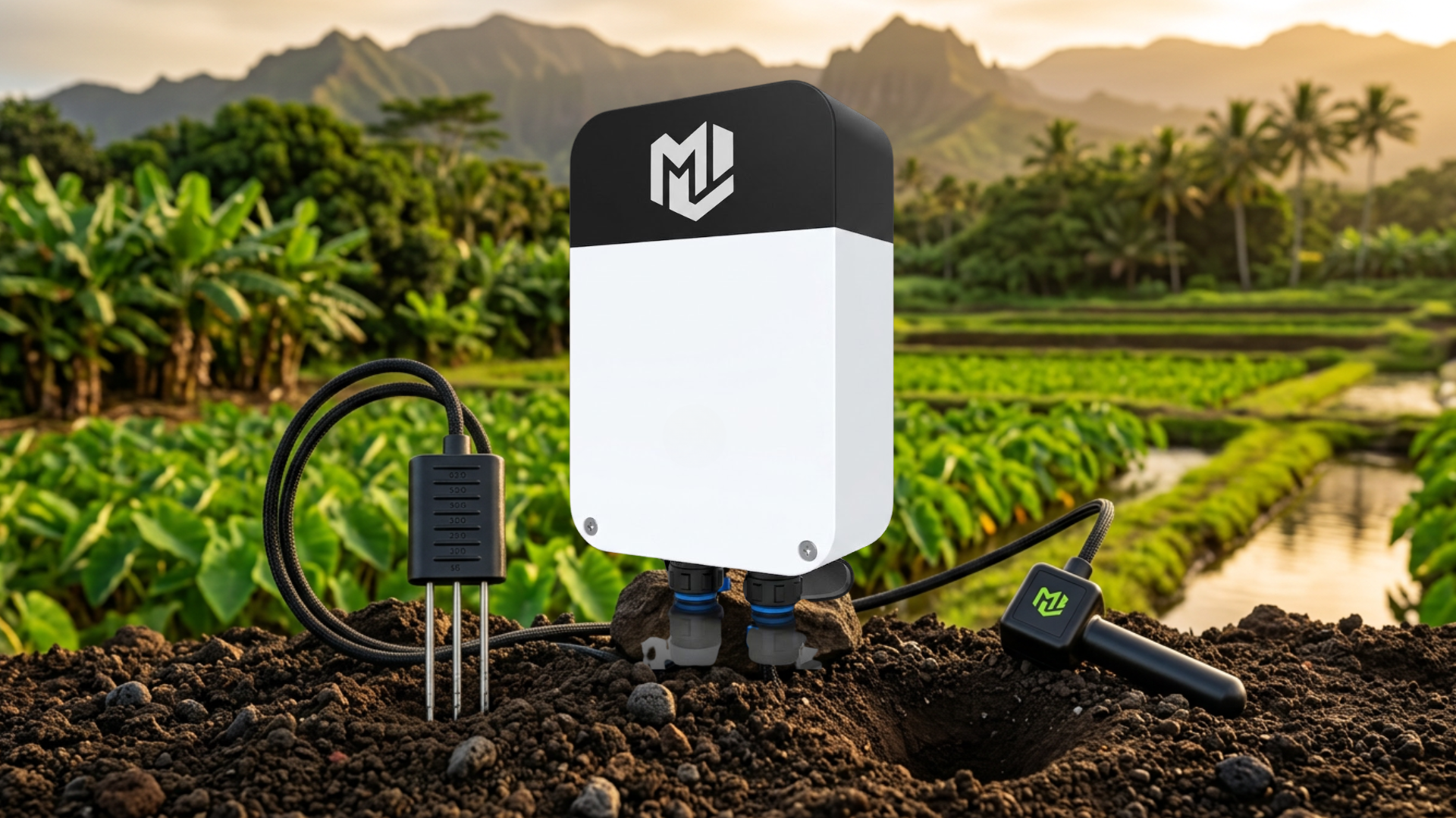Malama sensor node deployed in a Hawaiian taro field at golden hour
